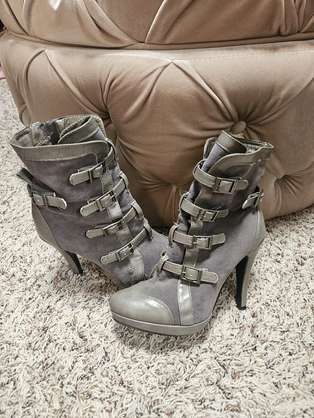 JustFab Gray Buckled High-Heel Ankle Boots